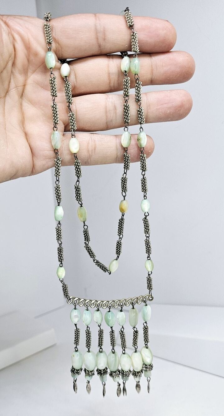 Vintage Egyptian Revival Twisted Silver Metal Beaded Glass Necklace